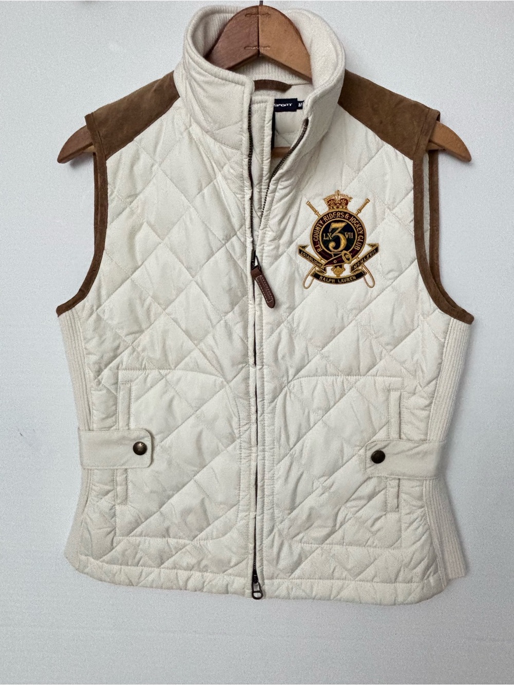 Polo by Ralph Lauren Sport Quilted Vest Suede Cream Equestrian Old Money Medium